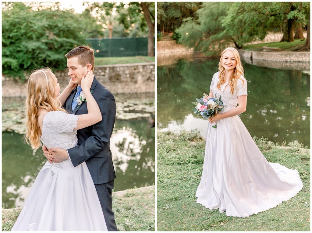 bride standing in front of san antonio river holding pink and blue bouquet